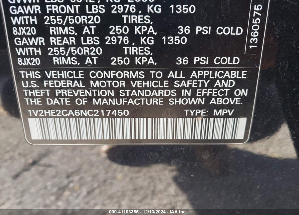 2022 VOLKSWAGEN ATLAS CROSS SPORT 3.6L V6 SE W/TECHNOLOGY VIN: 1V2HE2CA6NC217450