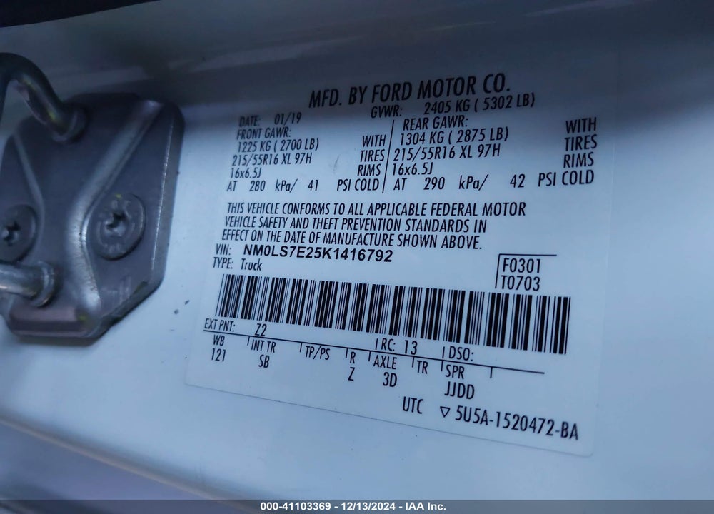 2019 FORD TRANSIT CONNECT XL VIN: NM0LS7E25K1416792