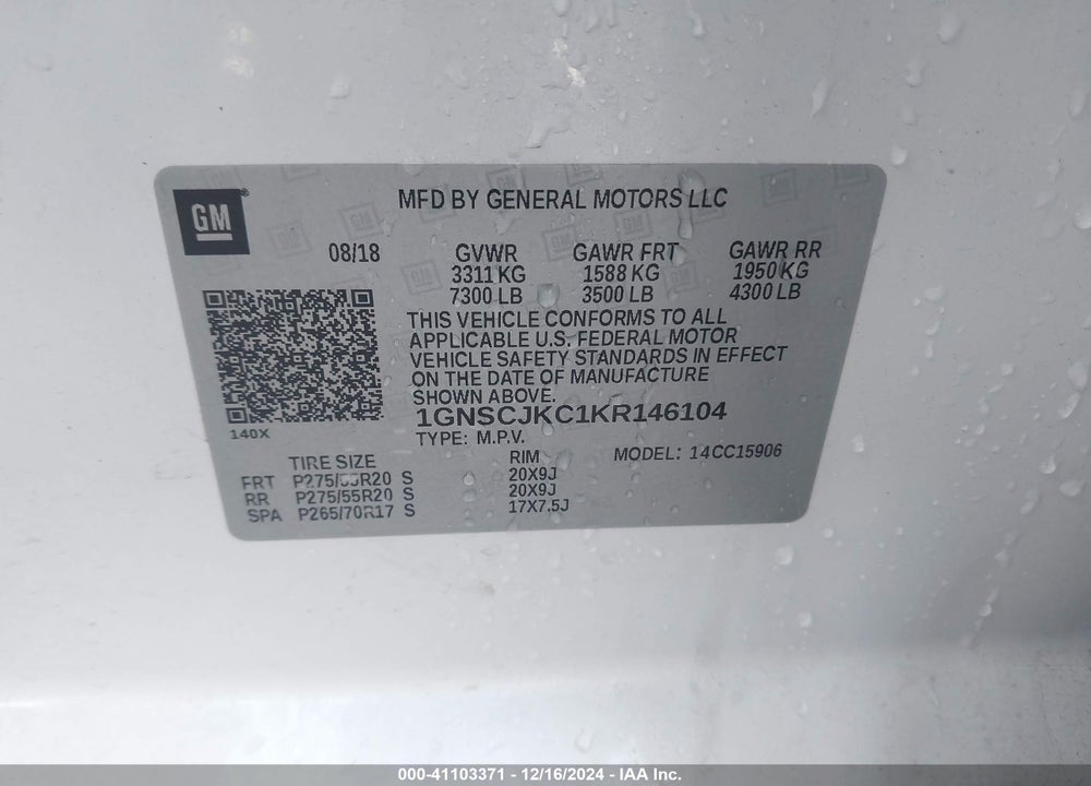 2019 CHEVROLET SUBURBAN PREMIER VIN: 1GNSCJKC1KR146104