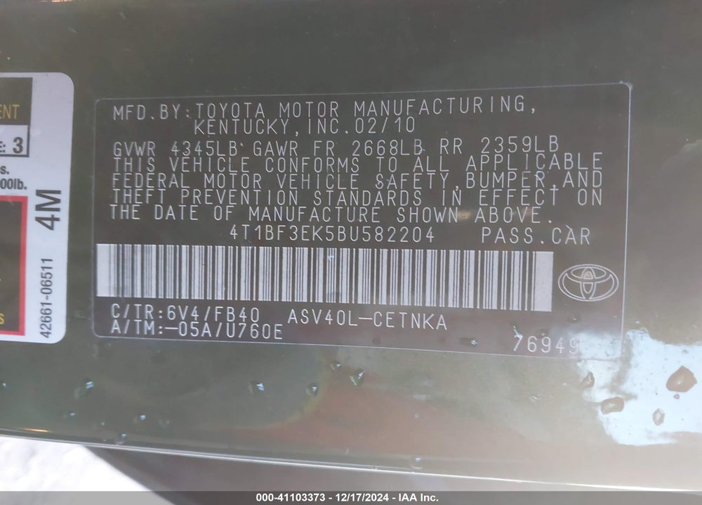 2011 TOYOTA CAMRY LE VIN: 4T1BF3EK5BU582204