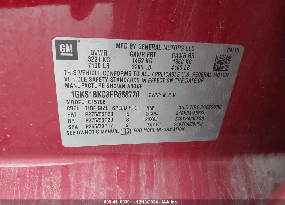 2015 GMC YUKON SLT VIN: 1GKS1BKC3FR658770