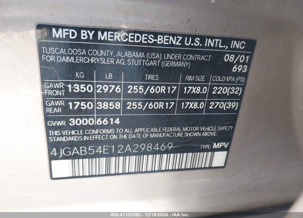 2002 MERCEDES-BENZ ML 320 VIN: 4JGAB54E12A298469