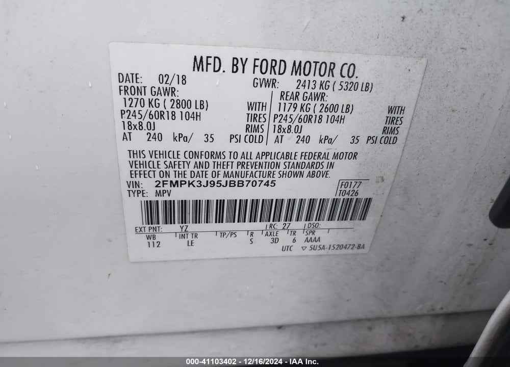 2018 FORD EDGE SEL VIN: 2FMPK3J95JBB70745