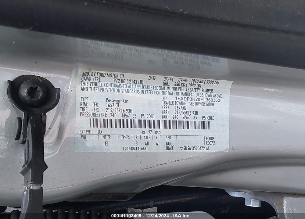 2014 FORD FOCUS SE VIN: 1FADP3K20EL360362