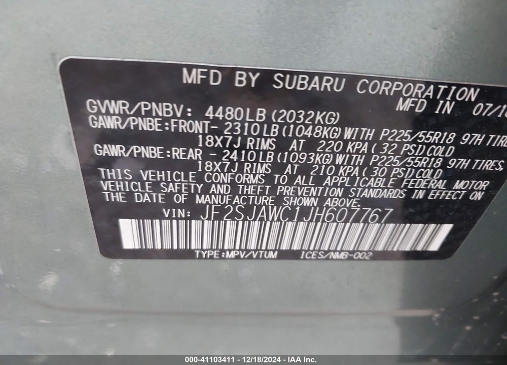 2018 SUBARU FORESTER 2.5I TOURING VIN: JF2SJAWC1JH607767