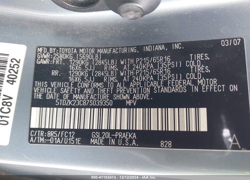 2007 TOYOTA SIENNA LE VIN: 5TDZK23C87S039350