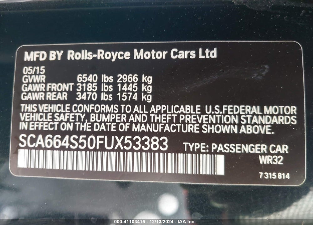 2015 ROLLS-ROYCE GHOST VIN: SCA664S50FUX53383
