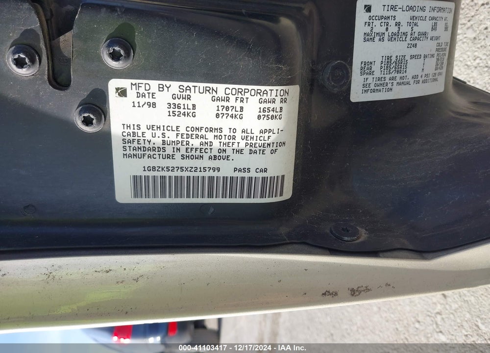 1999 SATURN SL2 VIN: 1G8ZK5275XZ215799