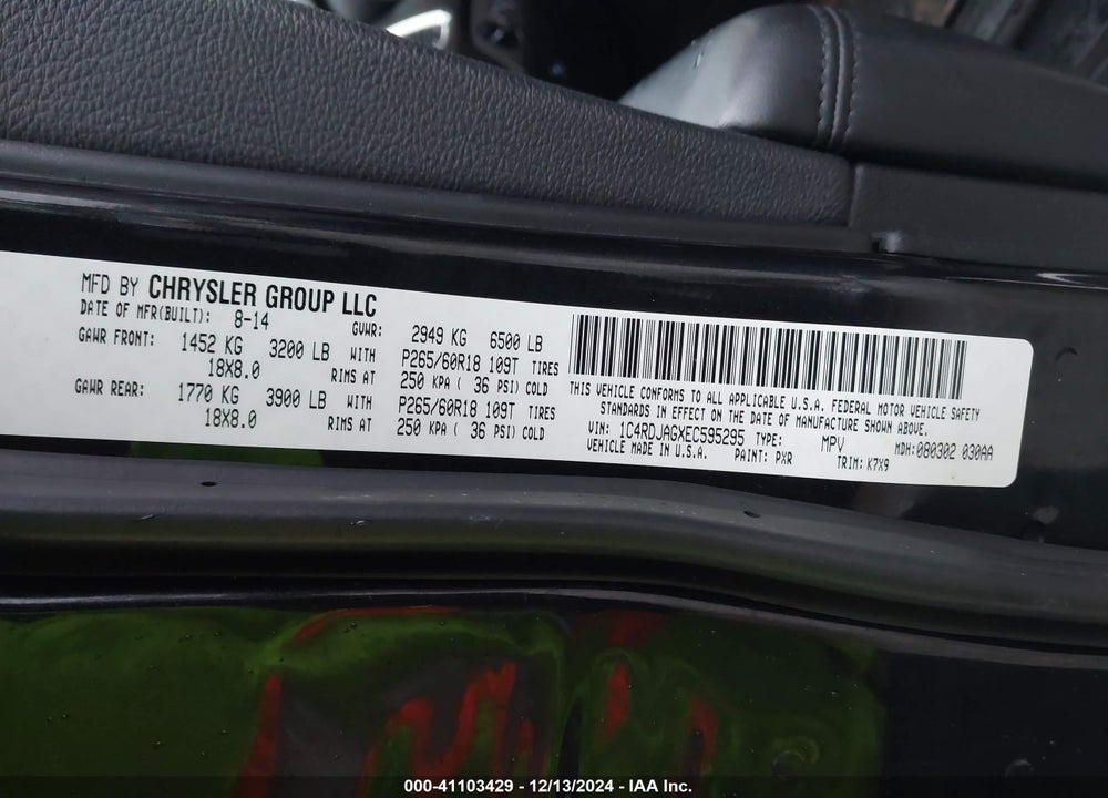 2014 DODGE DURANGO SXT VIN: 1C4RDJAGXEC595295