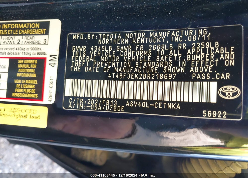 2011 TOYOTA CAMRY LE VIN: 4T4BF3EK2BR218697