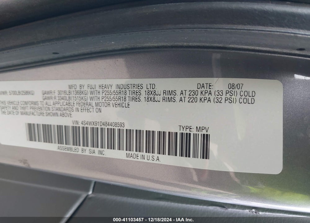 2008 SUBARU TRIBECA BASE 5-PASSENGER VIN: 4S4WX91D484408593