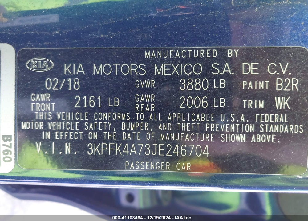 2018 KIA FORTE VIN: 3KPFK4A73JE246704