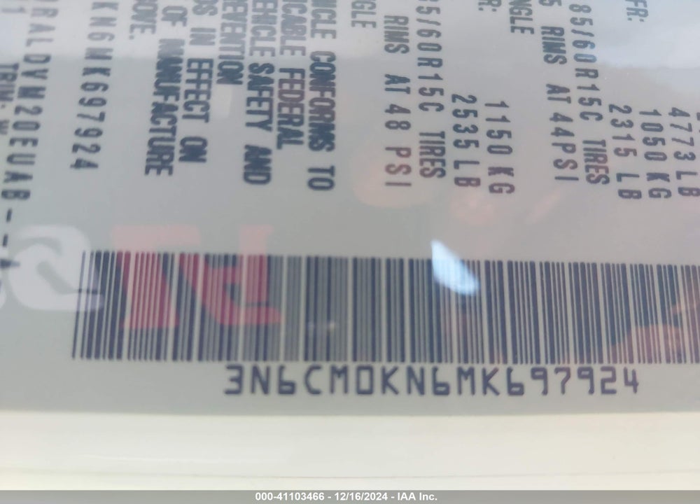 2021 NISSAN NV200  CARGO S XTRONIC CVT VIN: 3N6CM0KN6MK697924