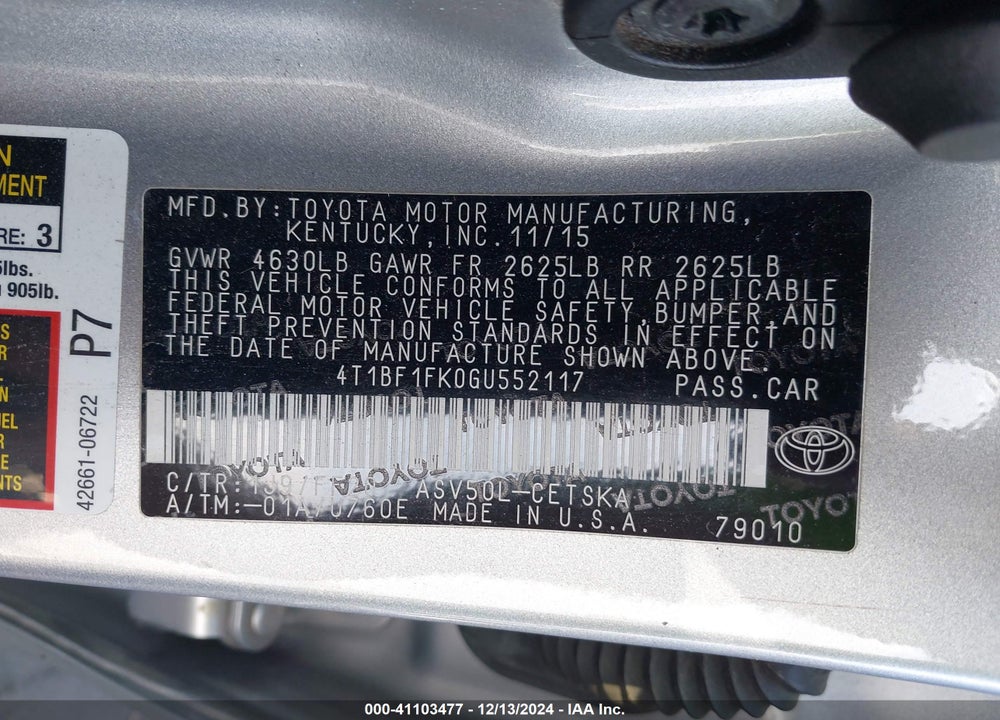 2016 TOYOTA CAMRY SE VIN: 4T1BF1FK0GU552117