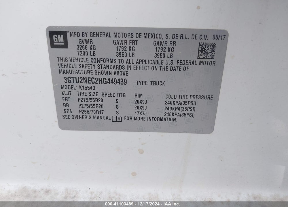 2017 GMC SIERRA 1500 SLT VIN: 3GTU2NEC2HG449439
