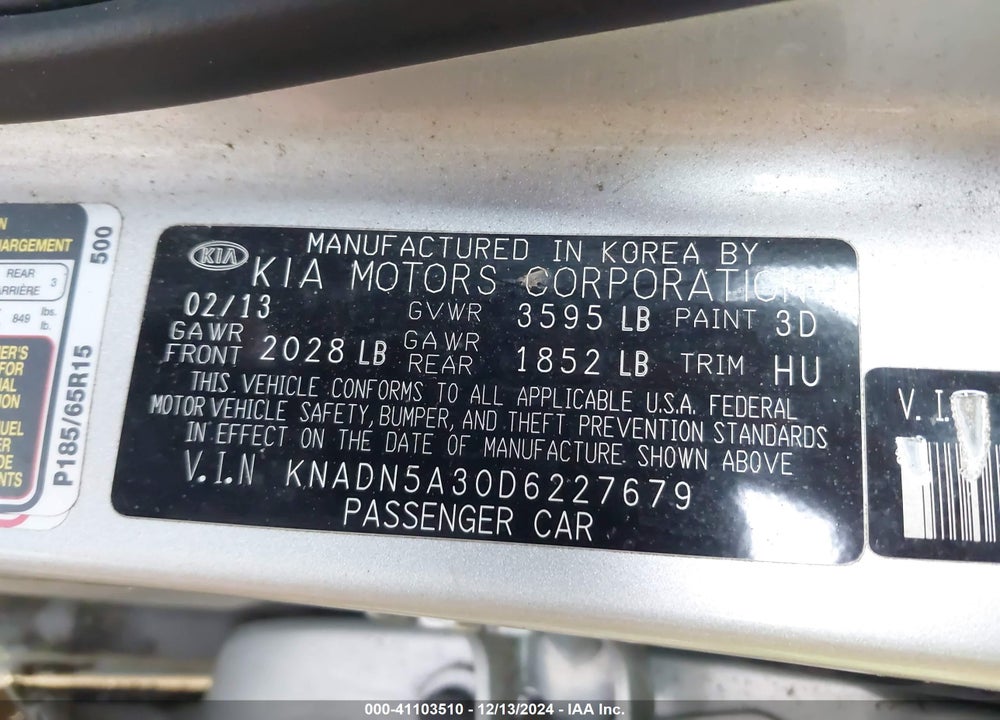 2013 KIA RIO EX VIN: KNADN5A30D6227679