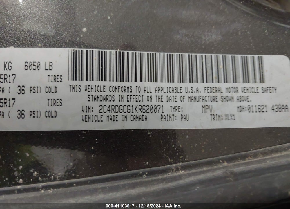 2019 DODGE GRAND CARAVAN SXT VIN: 2C4RDGCG1KR620071
