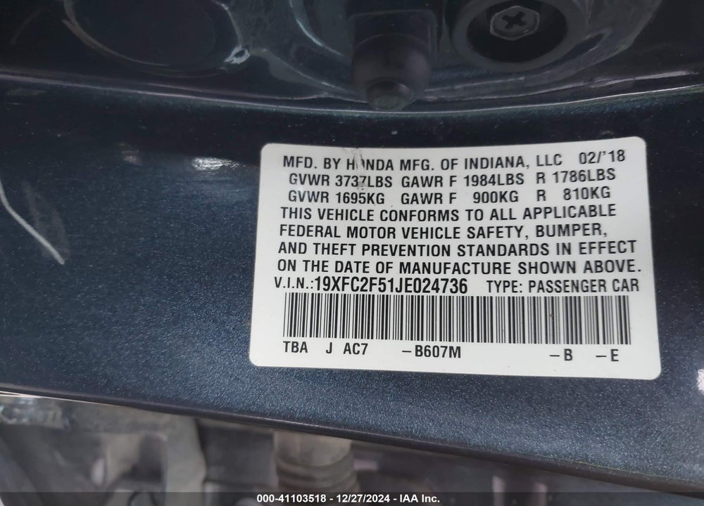 2018 HONDA CIVIC LX VIN: 19XFC2F51JE024736