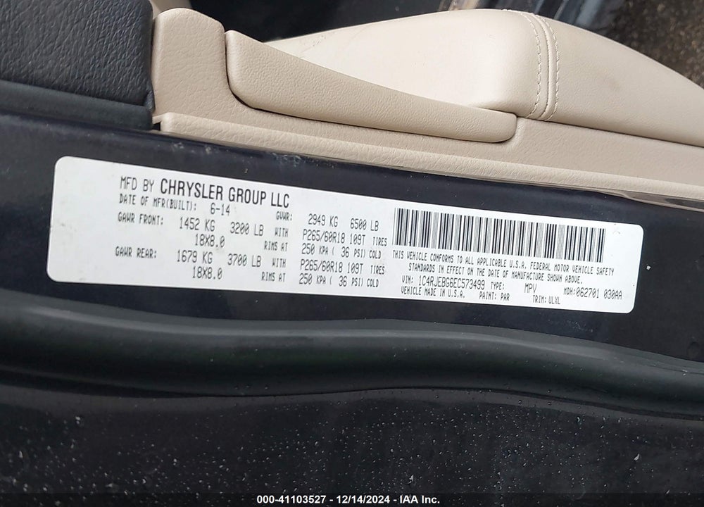 2014 JEEP GRAND CHEROKEE LIMITED VIN: 1C4RJEBG6EC573499
