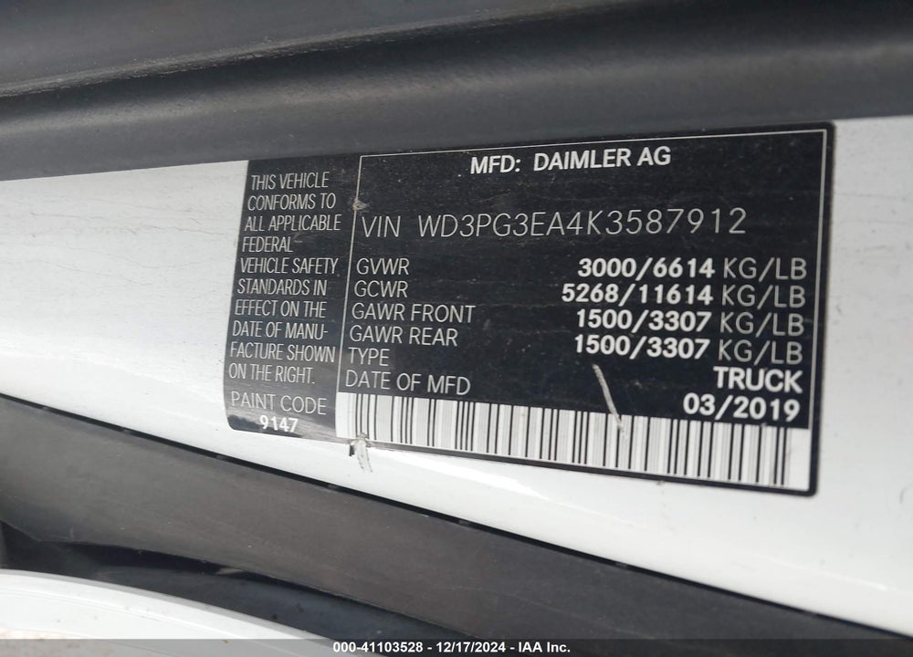2019 MERCEDES-BENZ METRIS VIN: WD3PG3EA4K3587912
