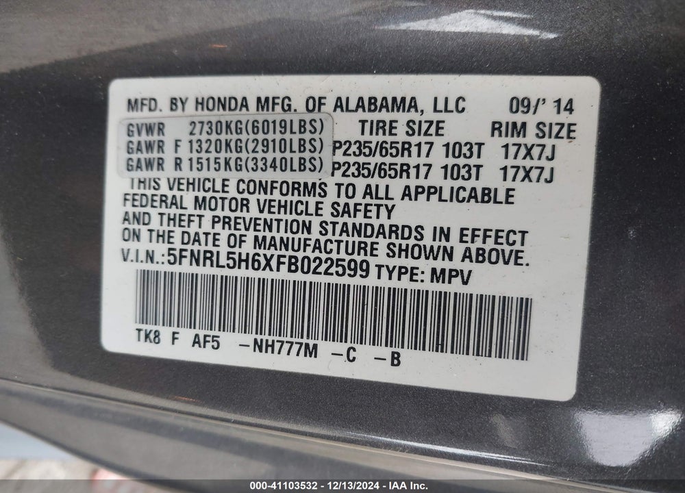 2015 HONDA ODYSSEY EX-L VIN: 5FNRL5H6XFB022599