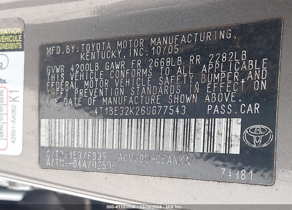 2006 TOYOTA CAMRY VIN: 4T1BE32K26U677543