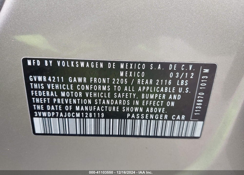 2012 VOLKSWAGEN JETTA 2.5L SE VIN: 3VWDP7AJ0CM128119