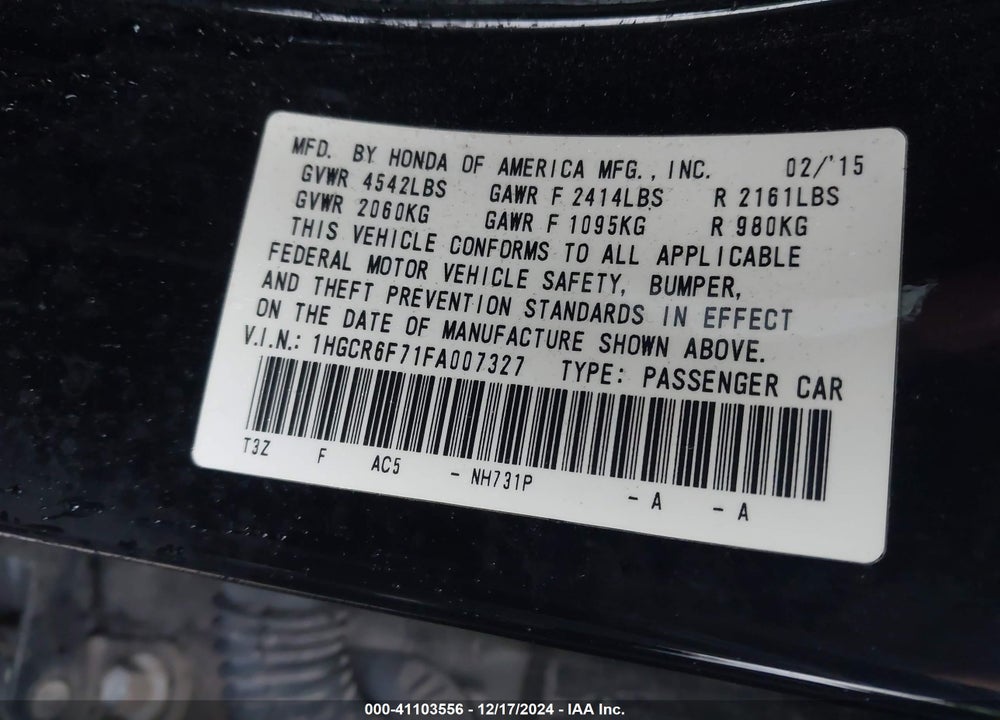 2015 HONDA ACCORD HYBRID TOURING VIN: 1HGCR6F71FA007327