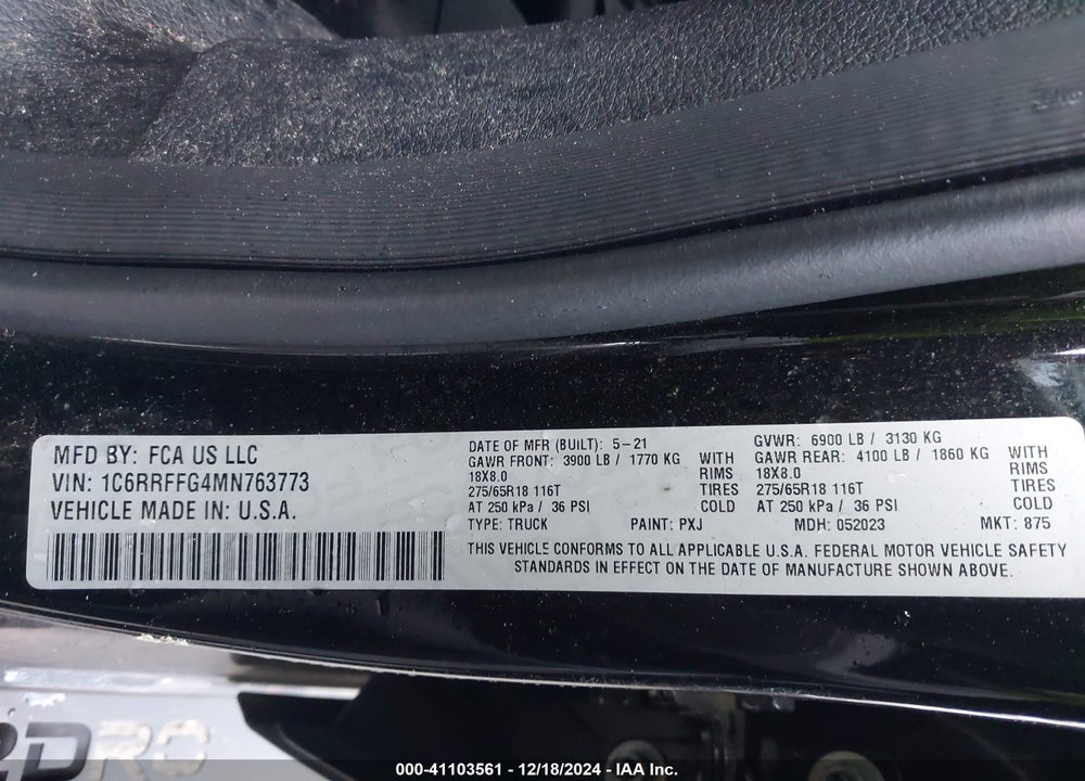2021 RAM 1500 BIG HORN 4X4 5'7 BOX VIN: 1C6RRFFG4MN763773