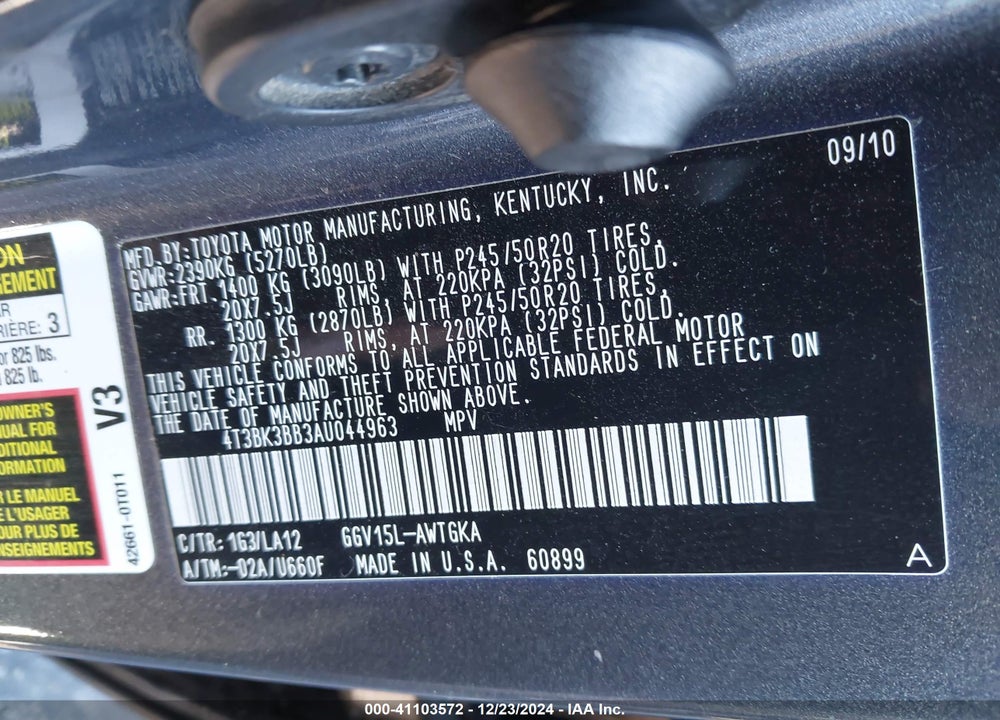2010 TOYOTA VENZA BASE V6 VIN: 4T3BK3BB3AU044963