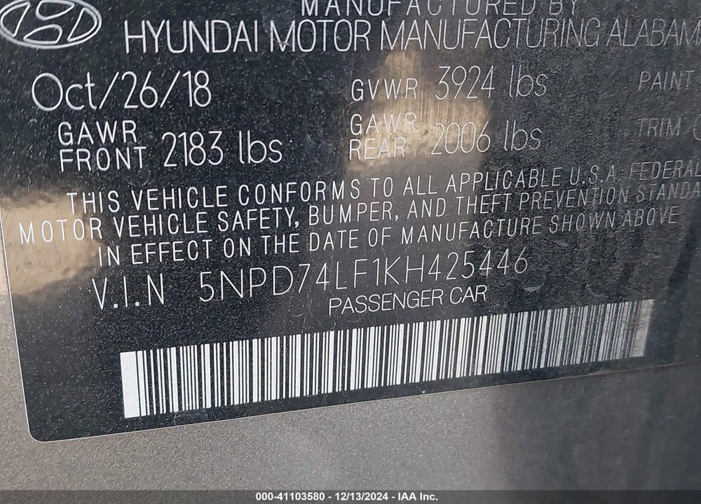 2019 HYUNDAI ELANTRA SE VIN: 5NPD74LF1KH425446