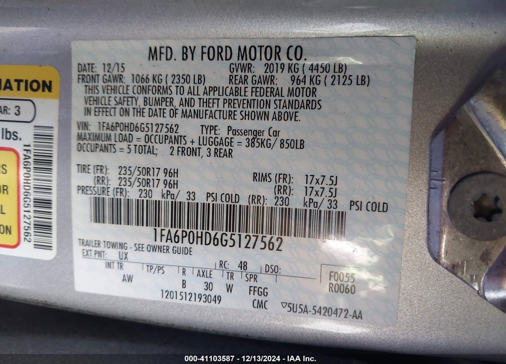 2016 FORD FUSION VIN: 1FA6P0HD6G5127562