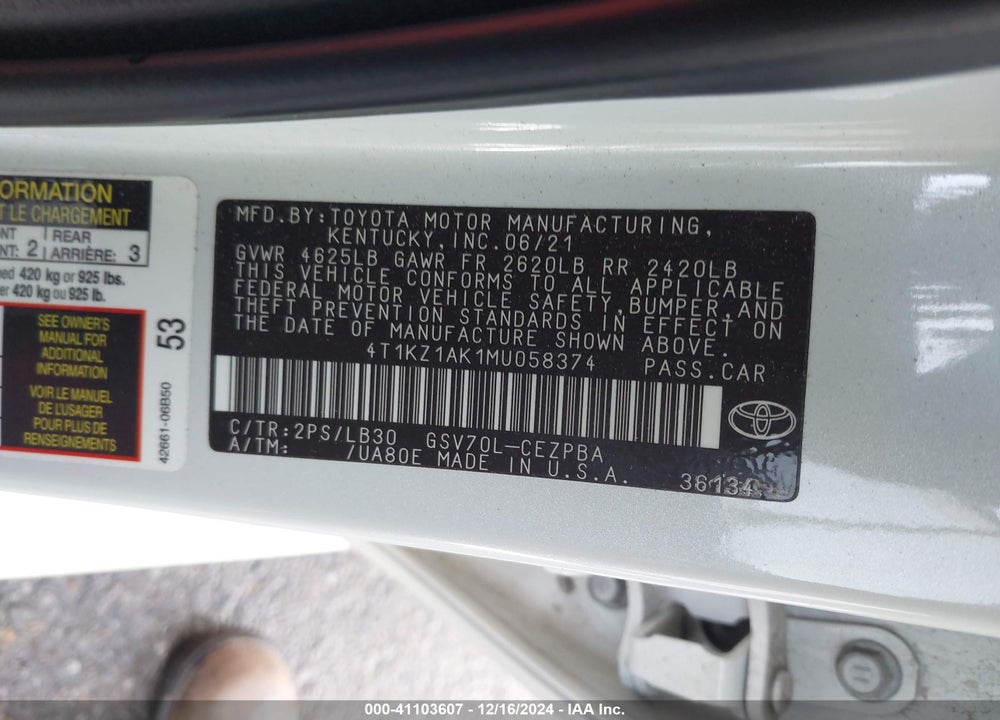 2021 TOYOTA CAMRY TRD/XSE VIN: 4T1KZ1AK1MU058374