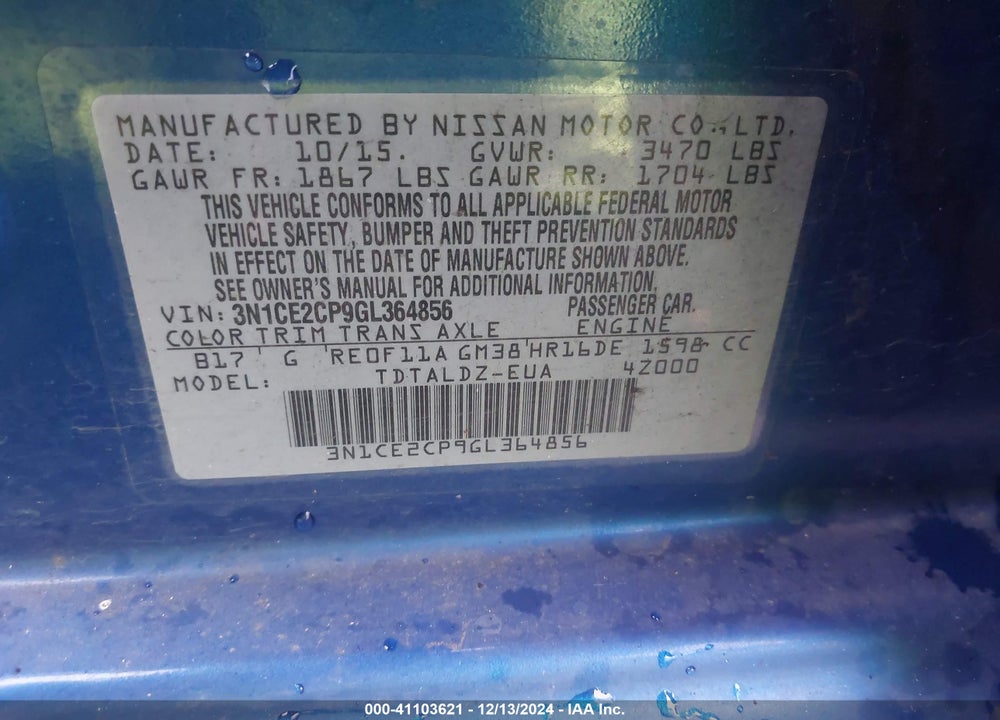 2016 NISSAN VERSA NOTE S (SR)/S PLUS/SL/SR/SV VIN: 3N1CE2CP9GL364856