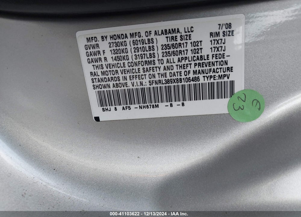 2008 HONDA ODYSSEY TOURING VIN: 5FNRL389X8B106486