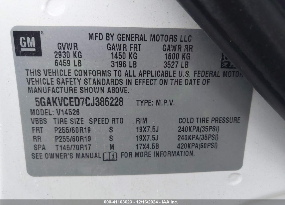 2012 BUICK ENCLAVE LEATHER VIN: 5GAKVCED7CJ386228