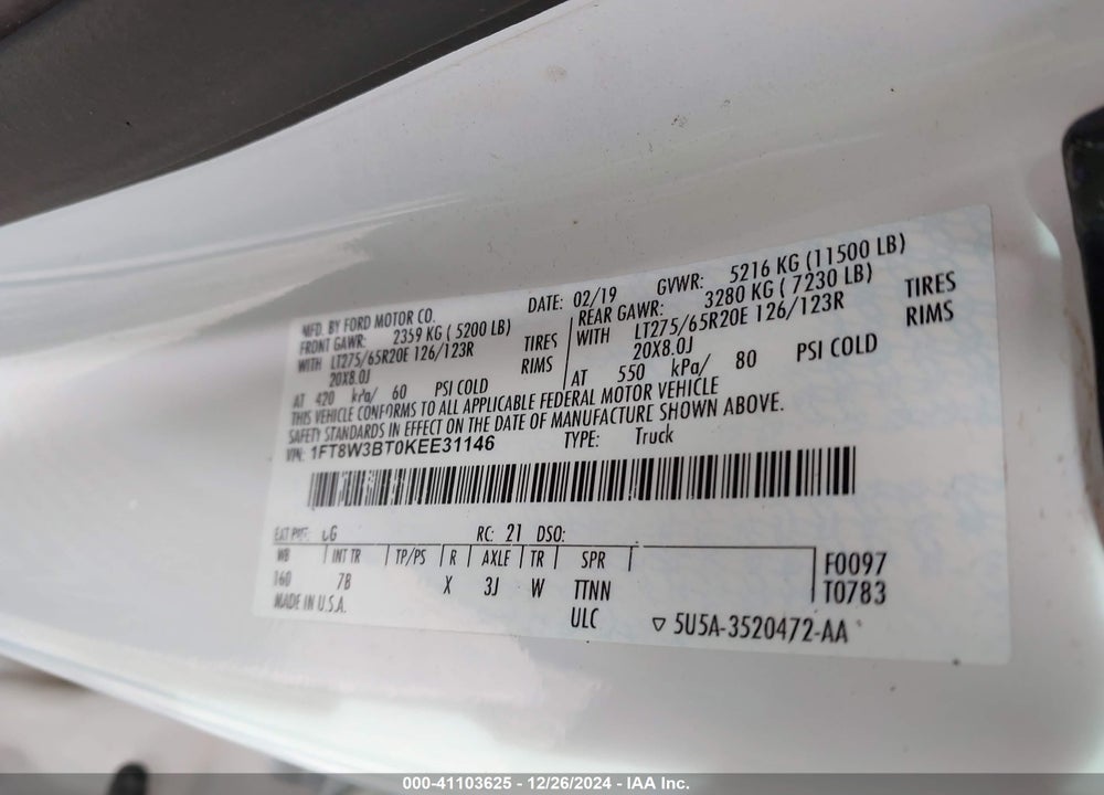 2019 FORD F-350 PLATINUM VIN: 1FT8W3BT0KEE31146
