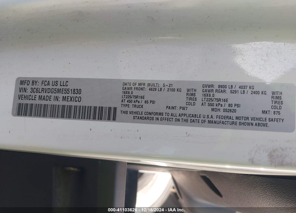 2021 RAM PROMASTER 2500 VIN: 3C6LRVDG5ME551830