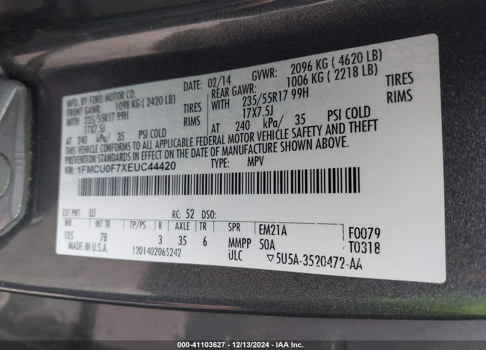 2014 FORD ESCAPE S VIN: 1FMCU0F7XEUC44420