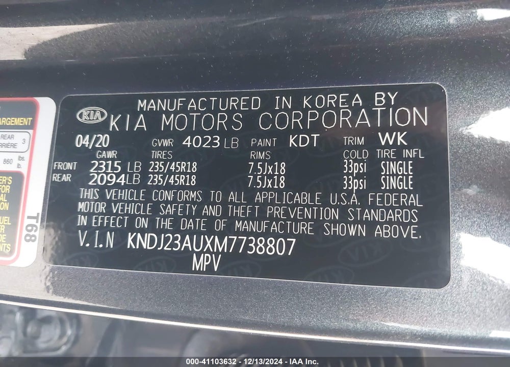 2021 KIA SOUL X-LINE VIN: KNDJ23AUXM7738807