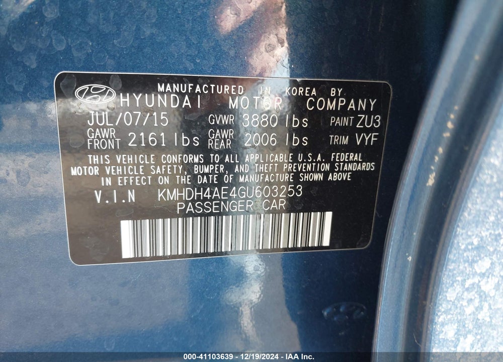 2016 HYUNDAI ELANTRA VIN: KMHDH4AE4GU603253