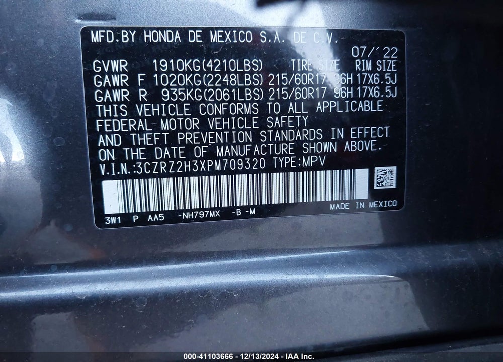 2023 HONDA HR-V AWD LX VIN: 3CZRZ2H3XPM709320