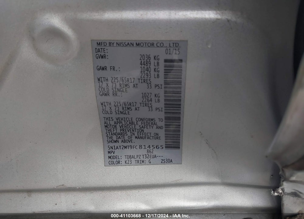 2015 NISSAN ROGUE S VIN: 5N1AT2MT9FC814565