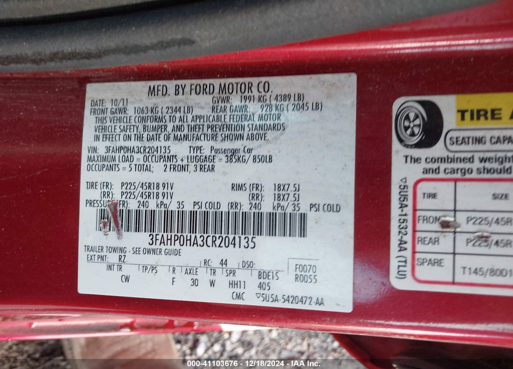 2012 FORD FUSION VIN: 3FAHP0HA3CR204135