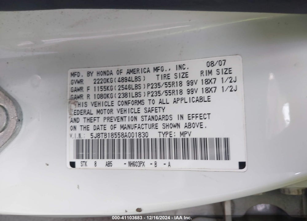 2008 ACURA RDX TECH PKG VIN: 5J8TB18558A001830