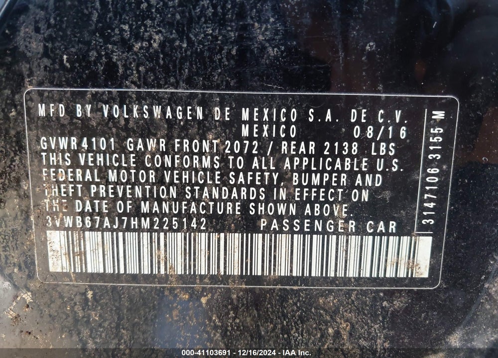 2017 VOLKSWAGEN JETTA 1.4T SE VIN: 3VWB67AJ7HM225142