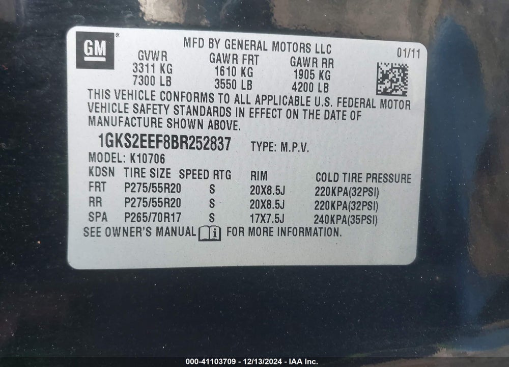 2011 GMC YUKON DENALI VIN: 1GKS2EEF8BR252837