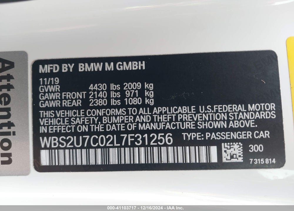 2020 BMW M2 COMPETITION VIN: WBS2U7C02L7F31256