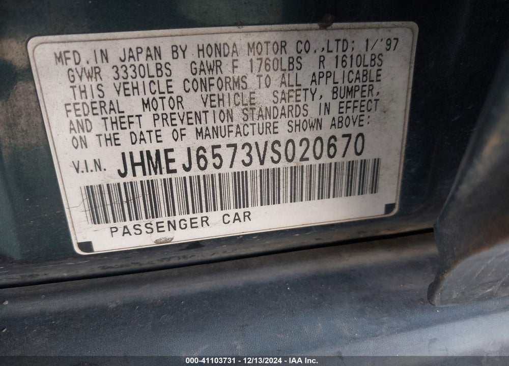 1997 HONDA CIVIC LX VIN: JHMEJ6573VS020670