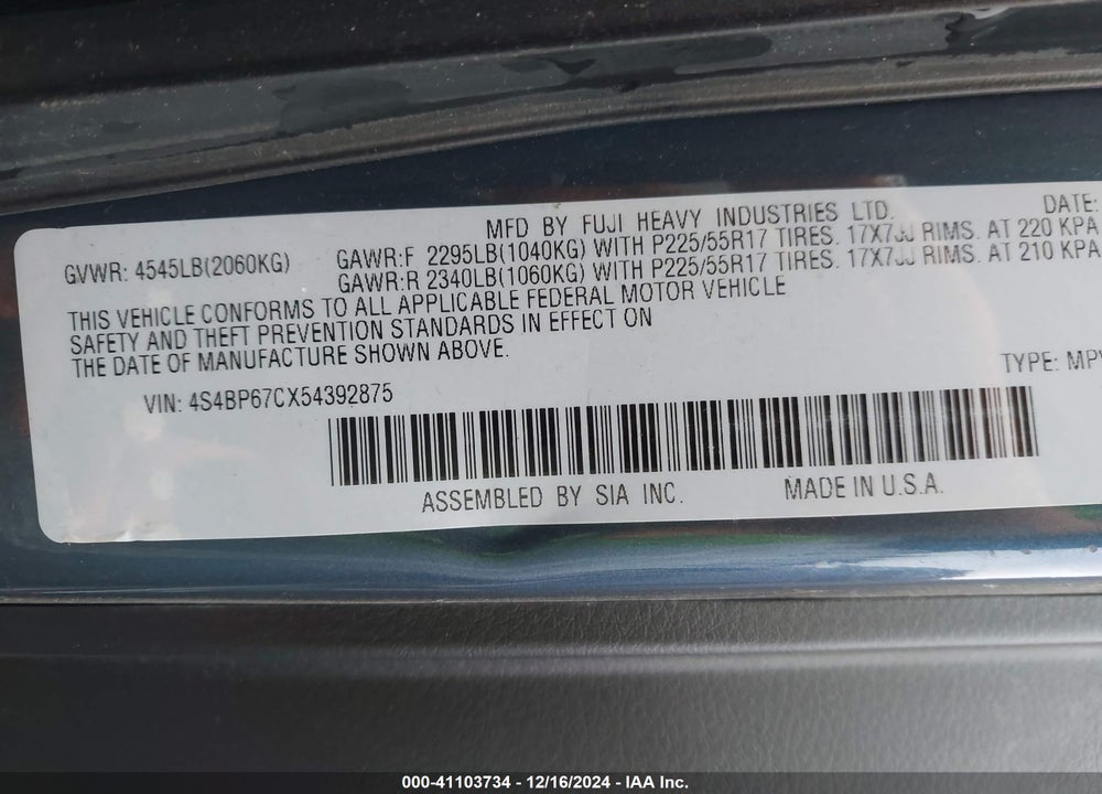 2005 SUBARU OUTBACK 2.5XT LIMITED VIN: 4S4BP67CX54392875